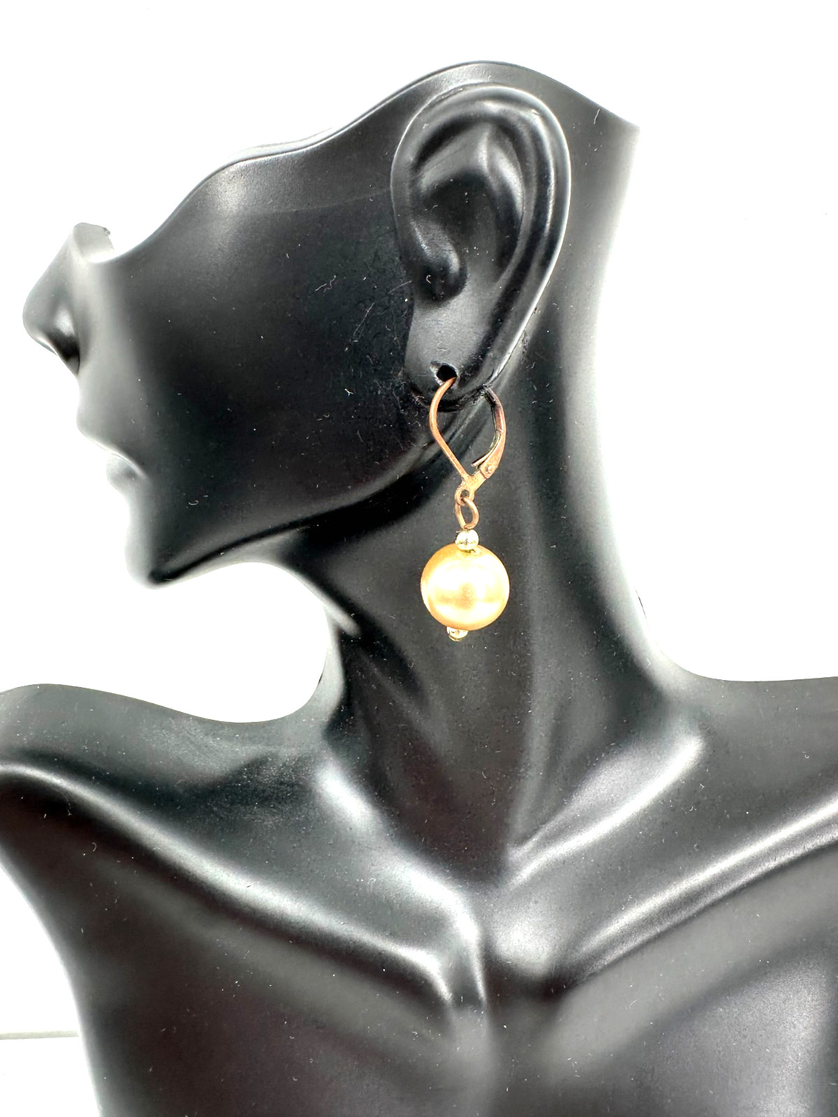 Vintage Brass Tone Faux Pearl Drop Earrings Leverback Classic Elegant Dangle