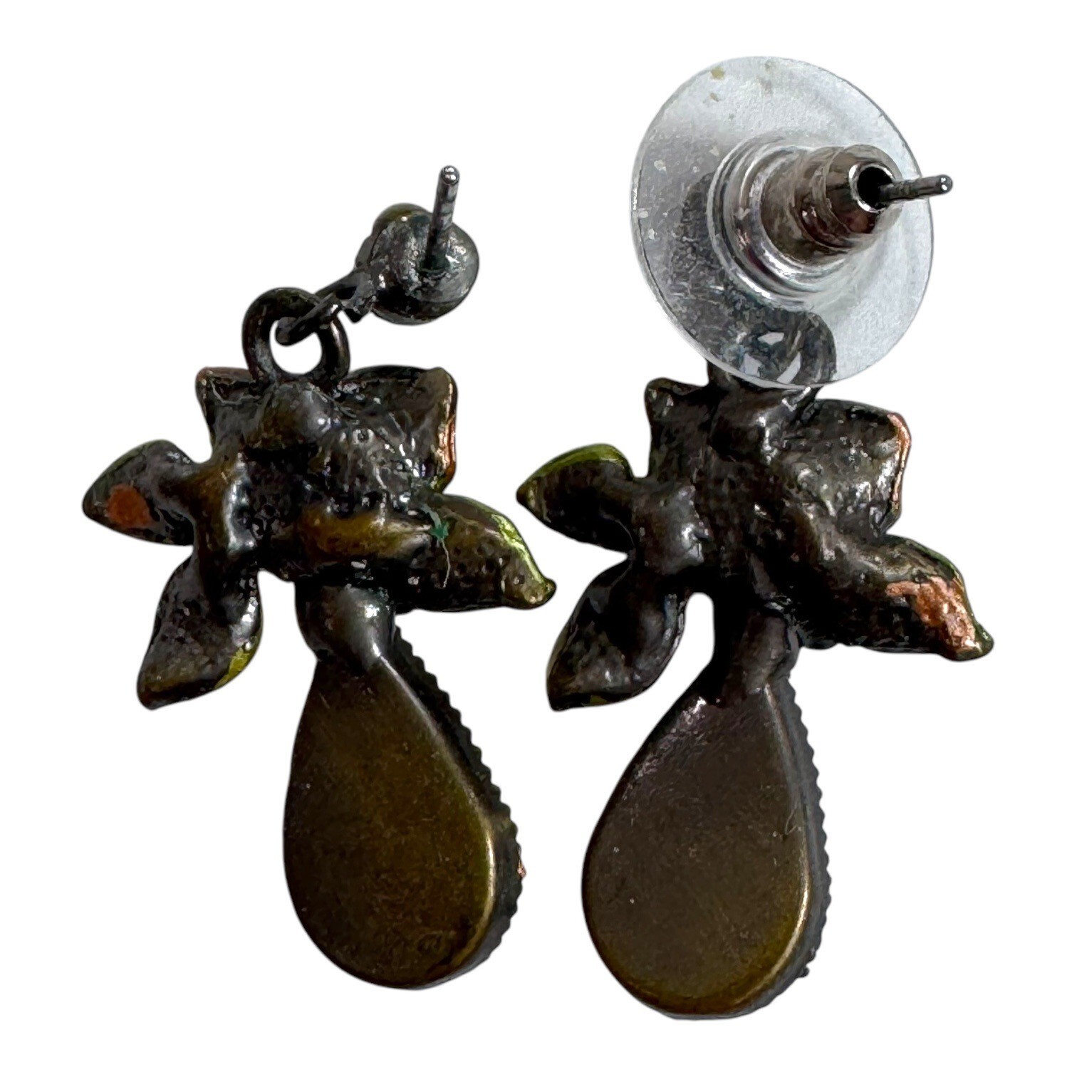 Vtg Floral Enamel Drop Earrings Amber Teardrop Rose Antique Bronze Finish READ