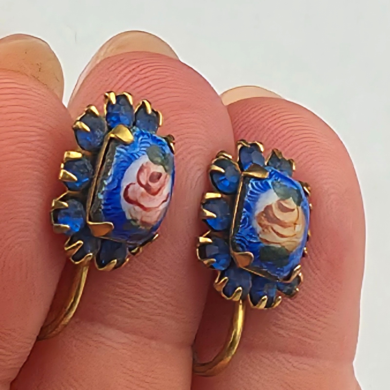 Lil 12mm Vintage Royal Blue Guiloche Enamel Rose Rhinestone Screw Back Earrings
