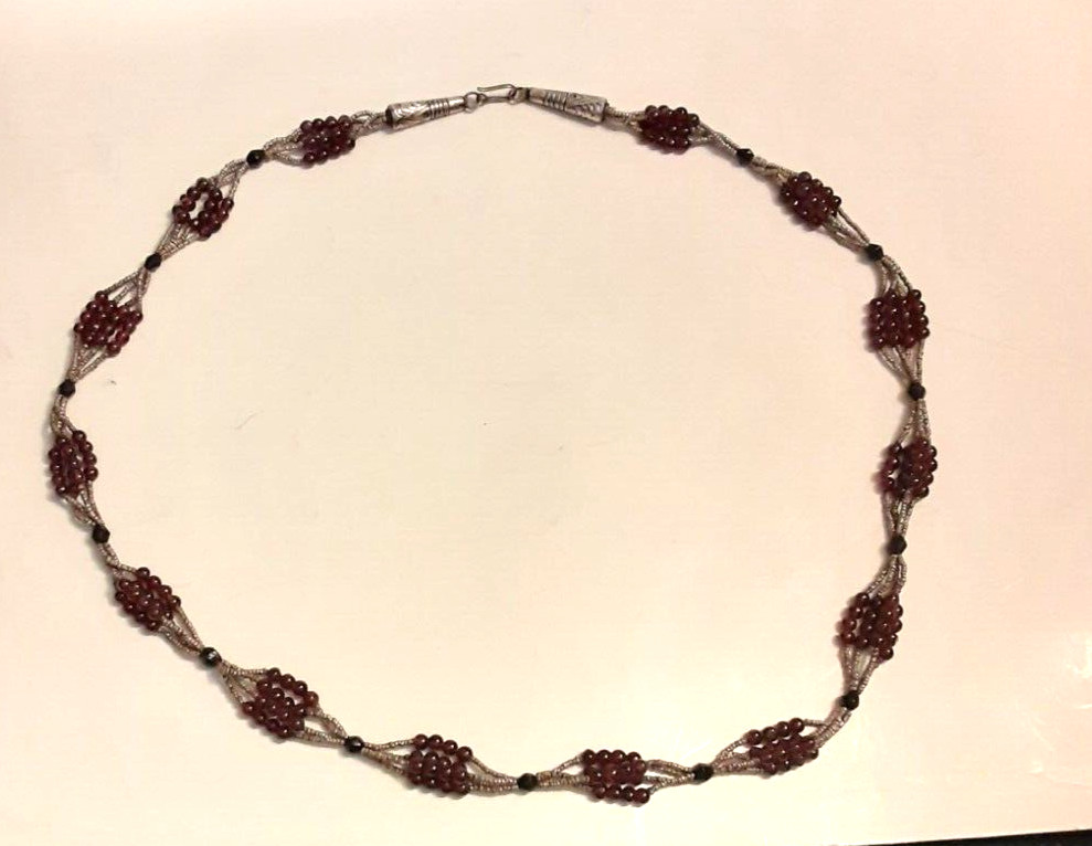 Vtg Artisan GARNET GLASS & Micro beaded Silver Hook Clasp Necklace