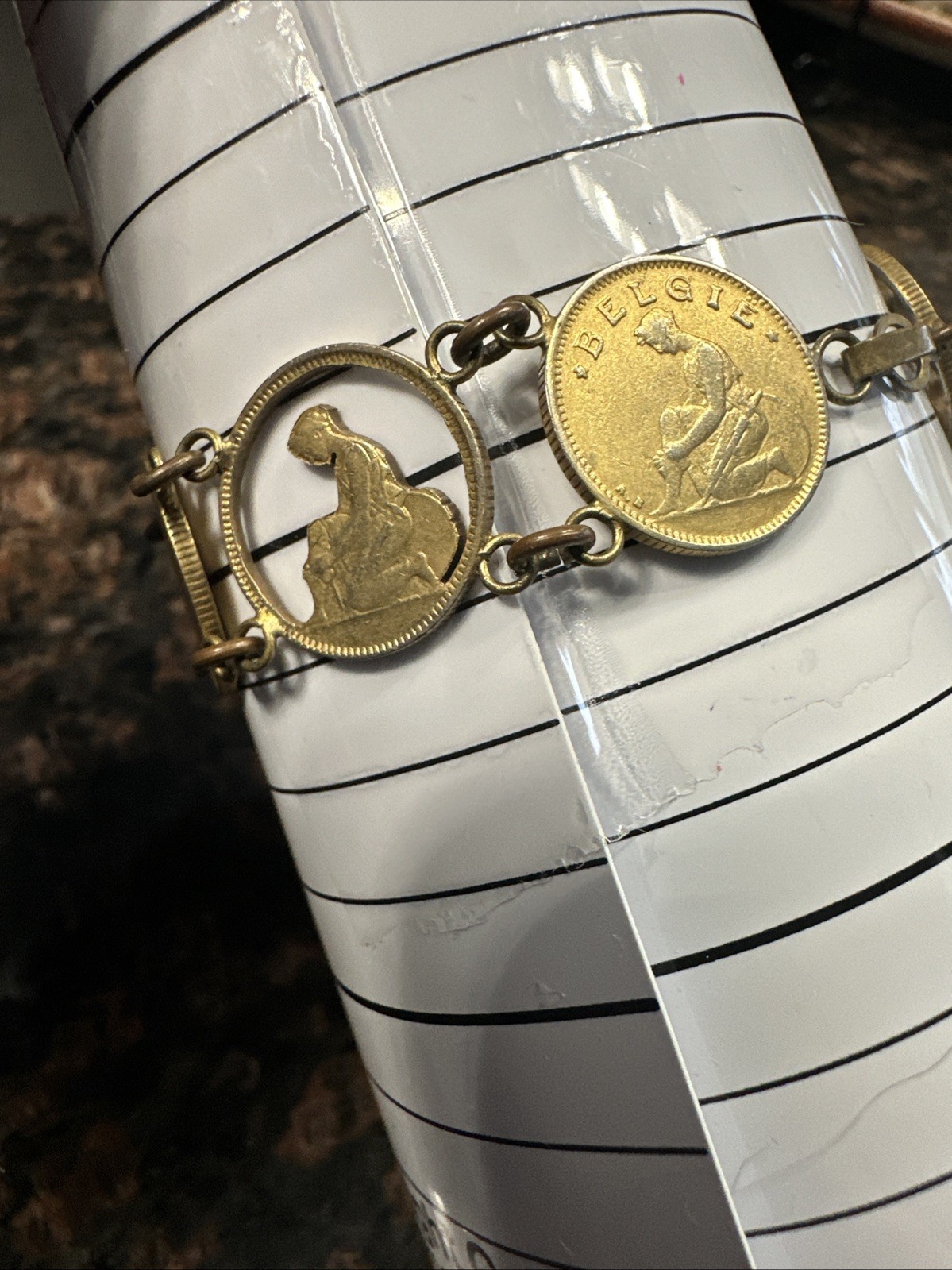 Vintage Coin Bracelet Old Belgium Cut Out Currency 1930 Hook Clasp 7.25 In.