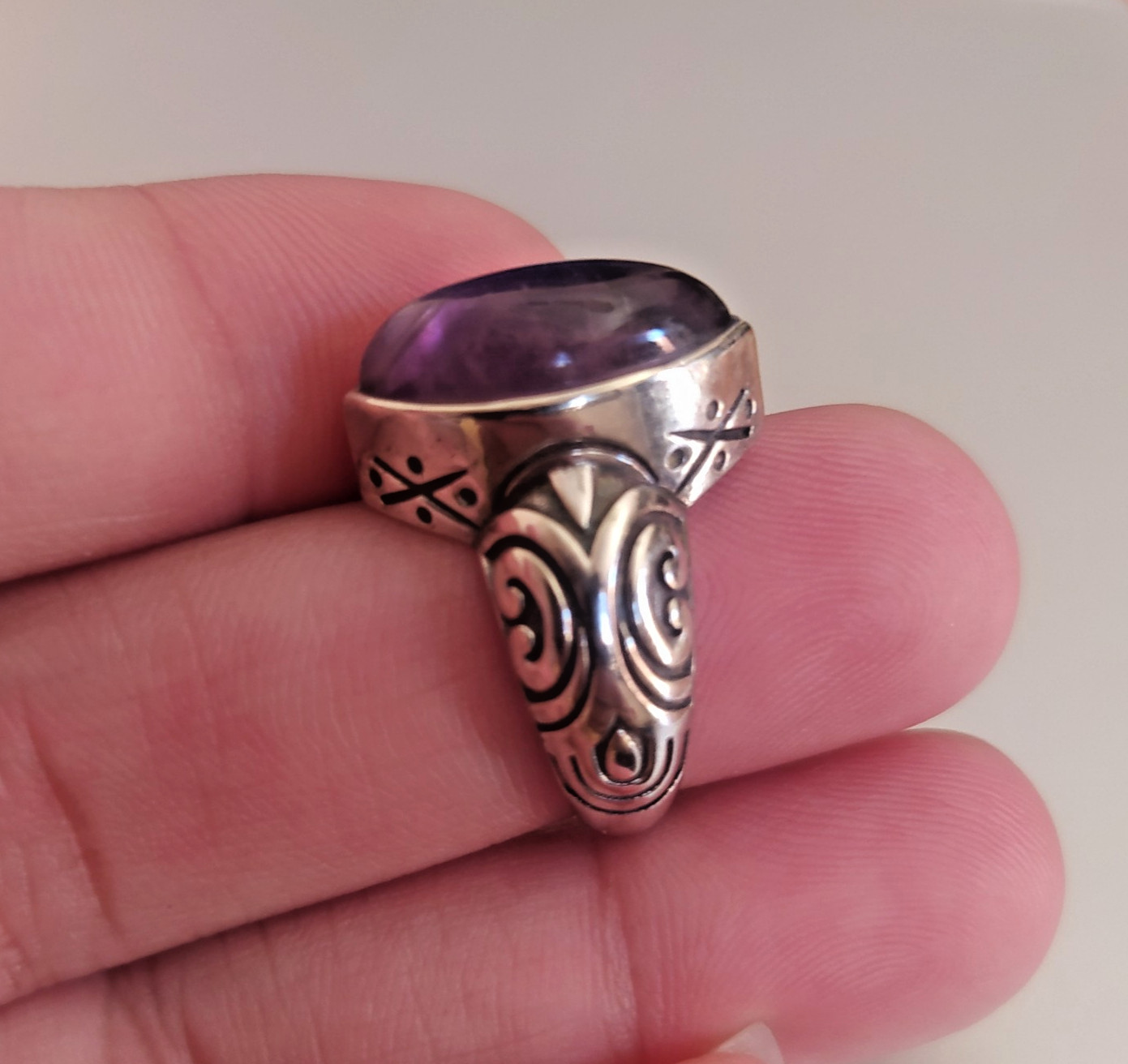 Ancient Vintage Victorian Sterling Silver Ring Natural Amethyst Stone Size 8