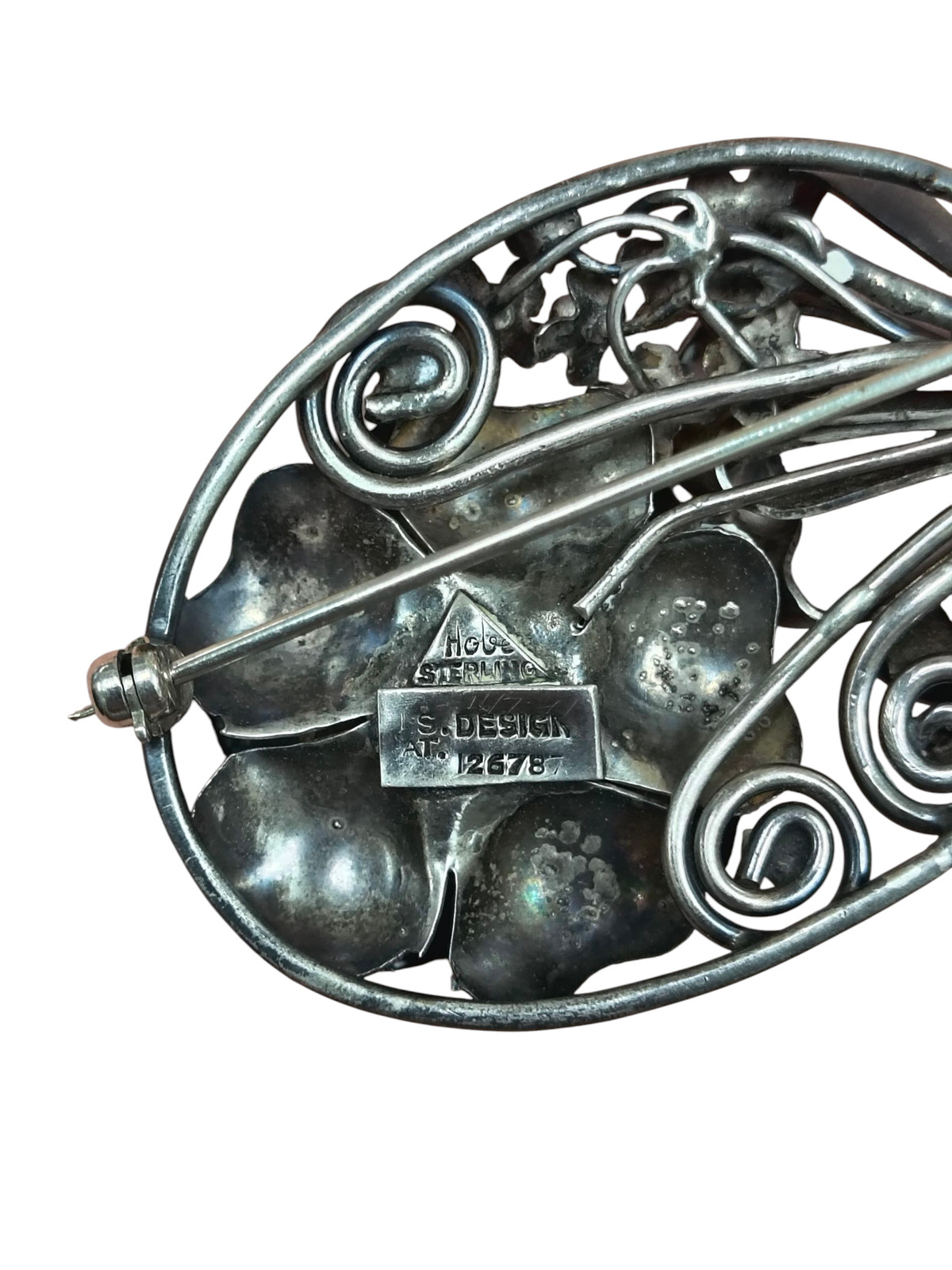 1940’s S Design Hobe Sterling Silver Floral Swirl Stem Bouquet Oval Pin Brooch