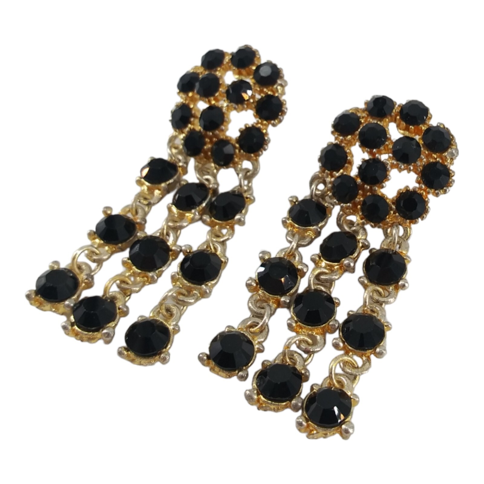 Black Glass Chandelier Dangle Earrings Pierced Vintage Art Deco Classic Glamour