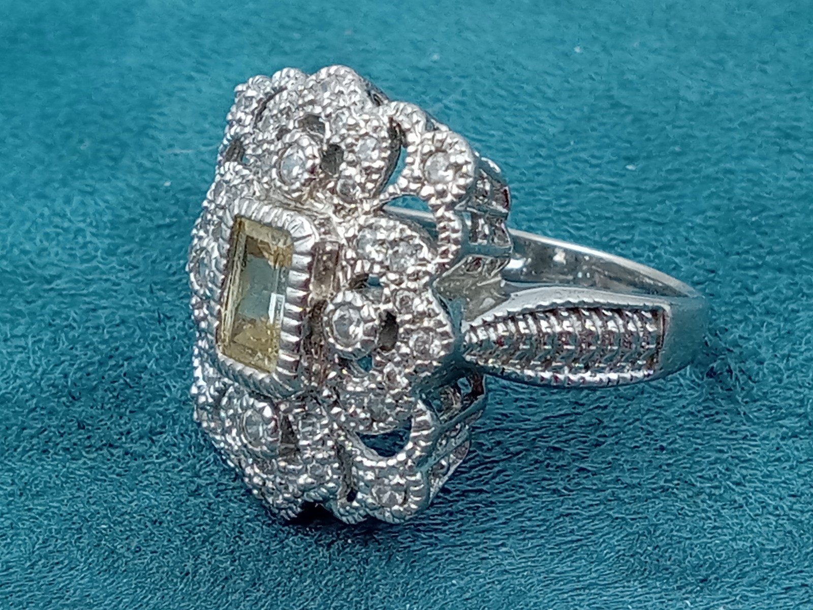 Fancy Sterling Silver Ring w. Intricate Setting Citrine & Cubic Zirconia: Size 7