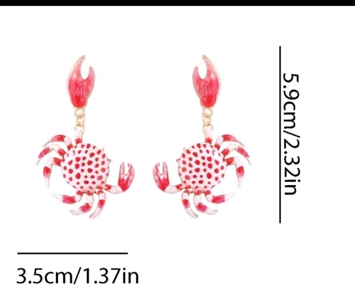 Enamel Red&white Drip Painted Crab Earrings Dangle, Goldtone