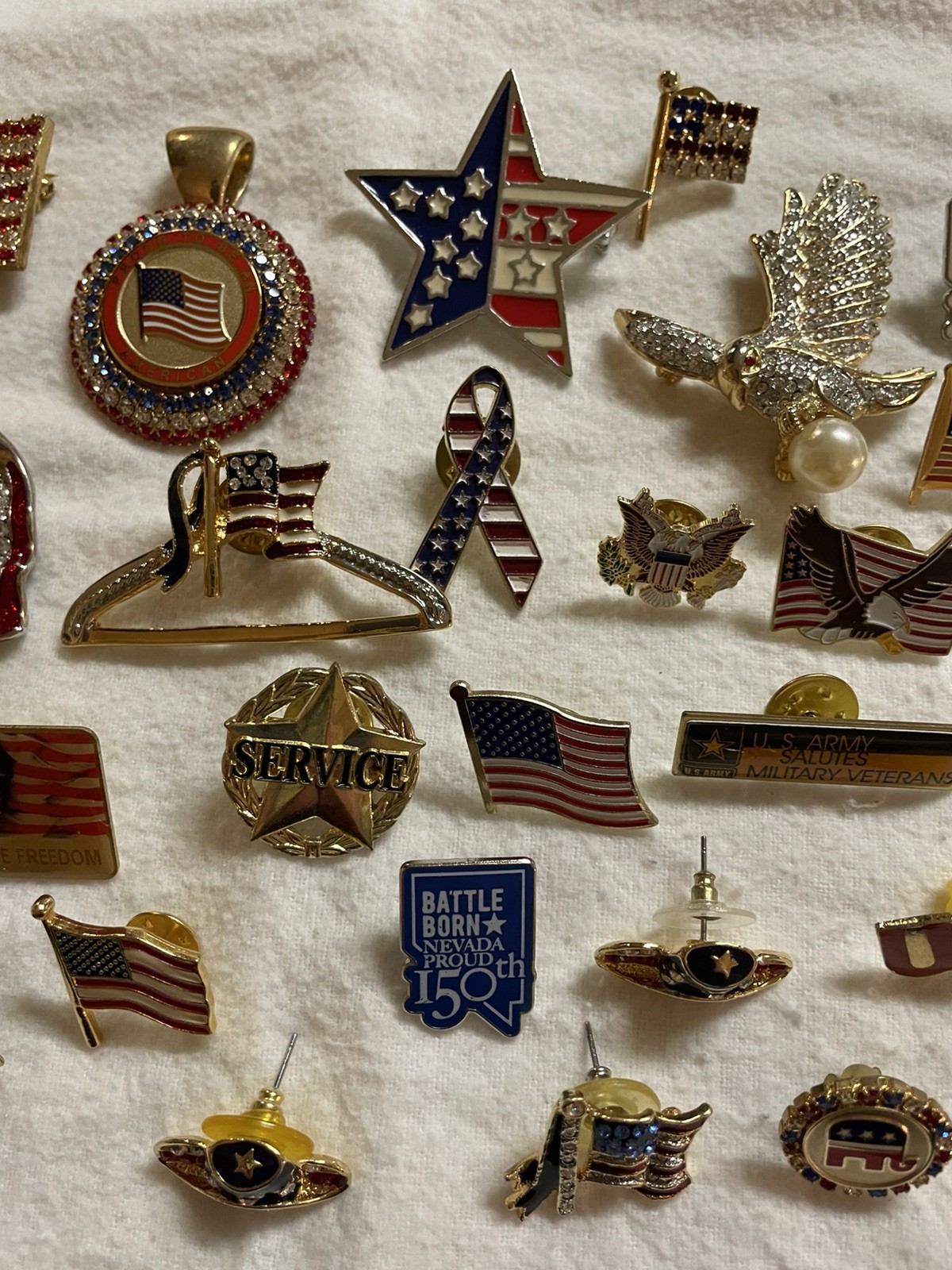 Large Lot Pin Flag Stars Stripes Ribbons Cowboy Hats Eagle Nevada USA Patriotic
