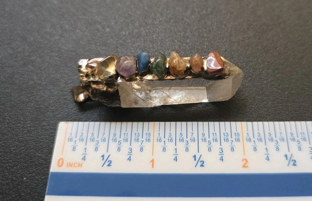 Brutalist Brass Quartz & Stone Pendant Necklace