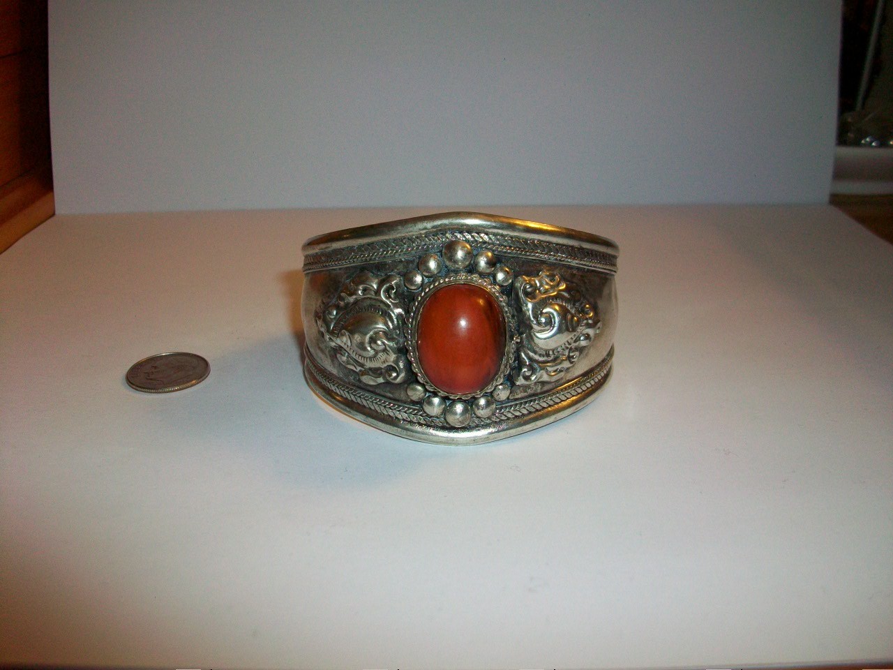 VTG Tribal Style Tibetan Silver Cuff W/Carnelian Stone & Ornate Design