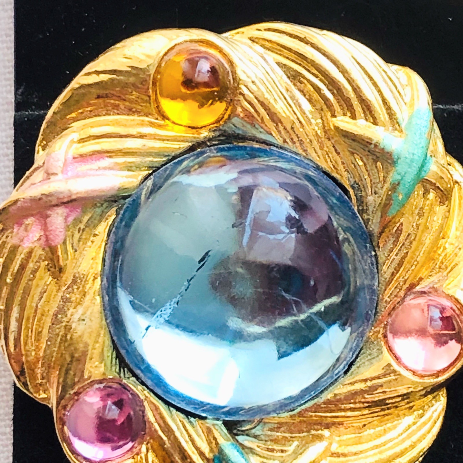 Vintage Blue Gripoix Glass Cabochon Clip On Flower Earrings