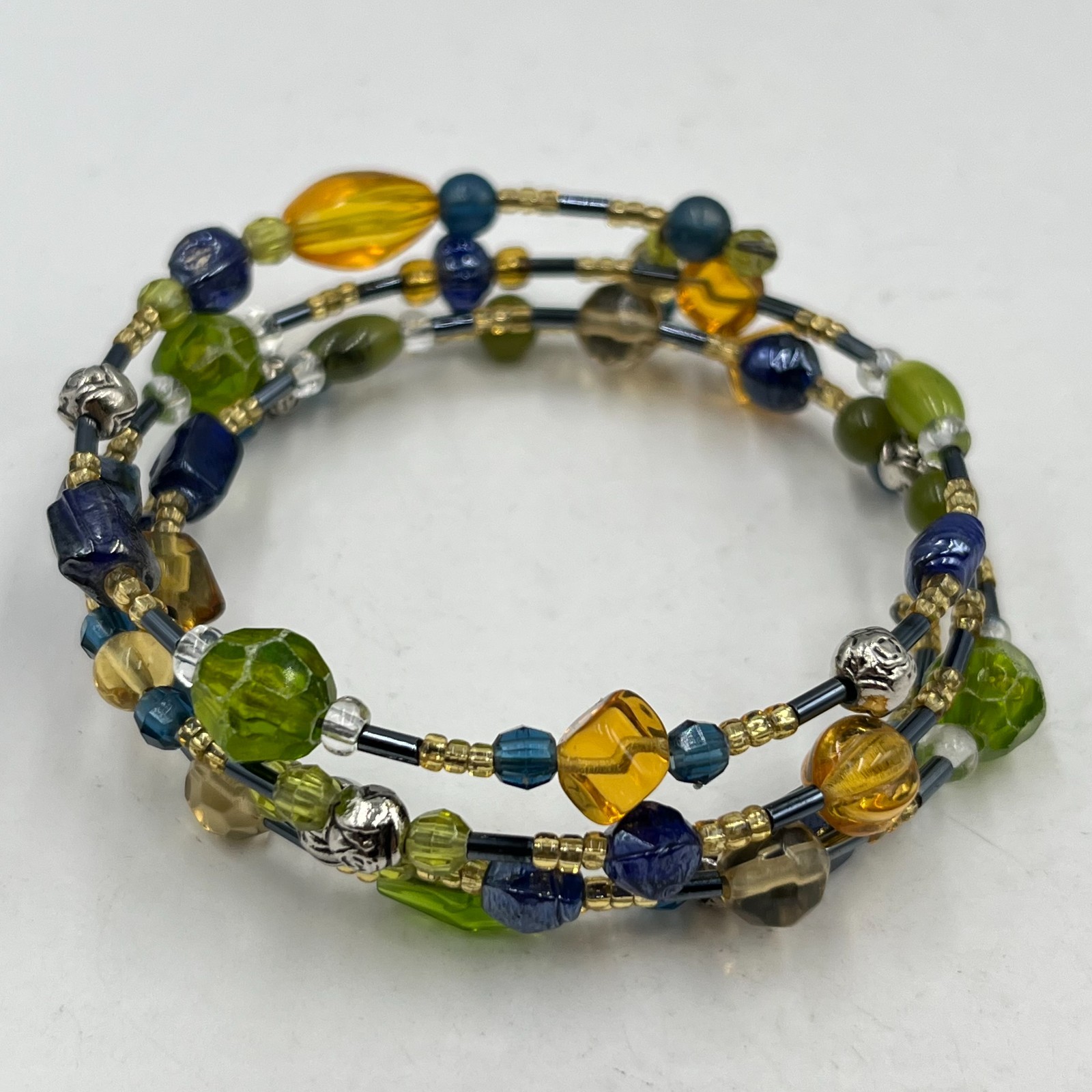 Vintage Y2K Boho Multi-Strand Wrap Bracelet Green Blue Amber Beads 80ch Classic