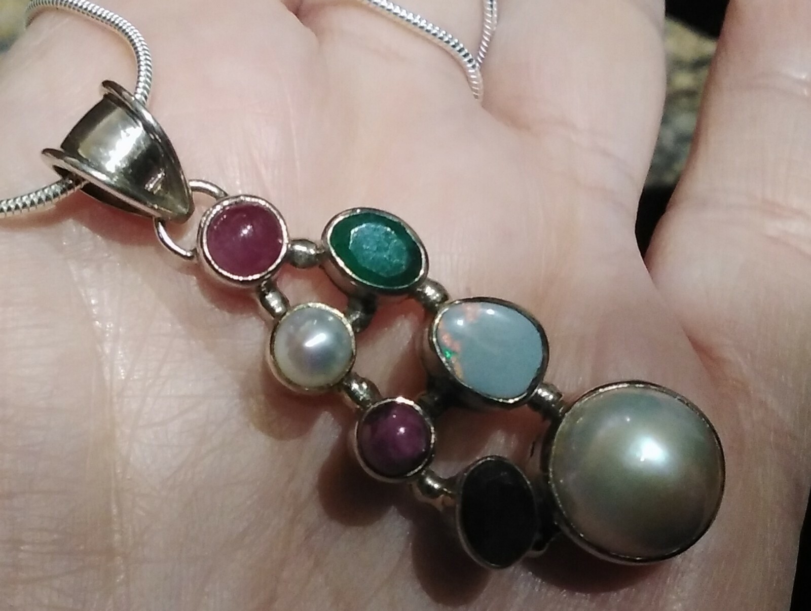 Unique Sterling Silver Opal Ruby Emerald Pearl One Of A Kind Pendant w Chain