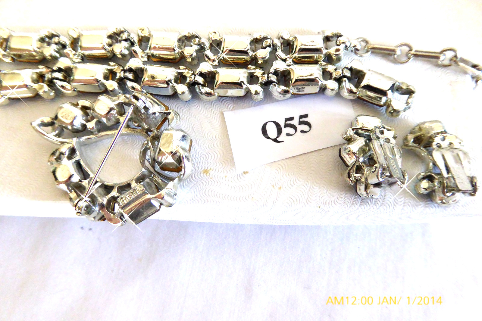 RARE VTG LISNER EMERALD CUT RHINESTONE NECKLACE EARRINGS BRACELET BROOCH SET