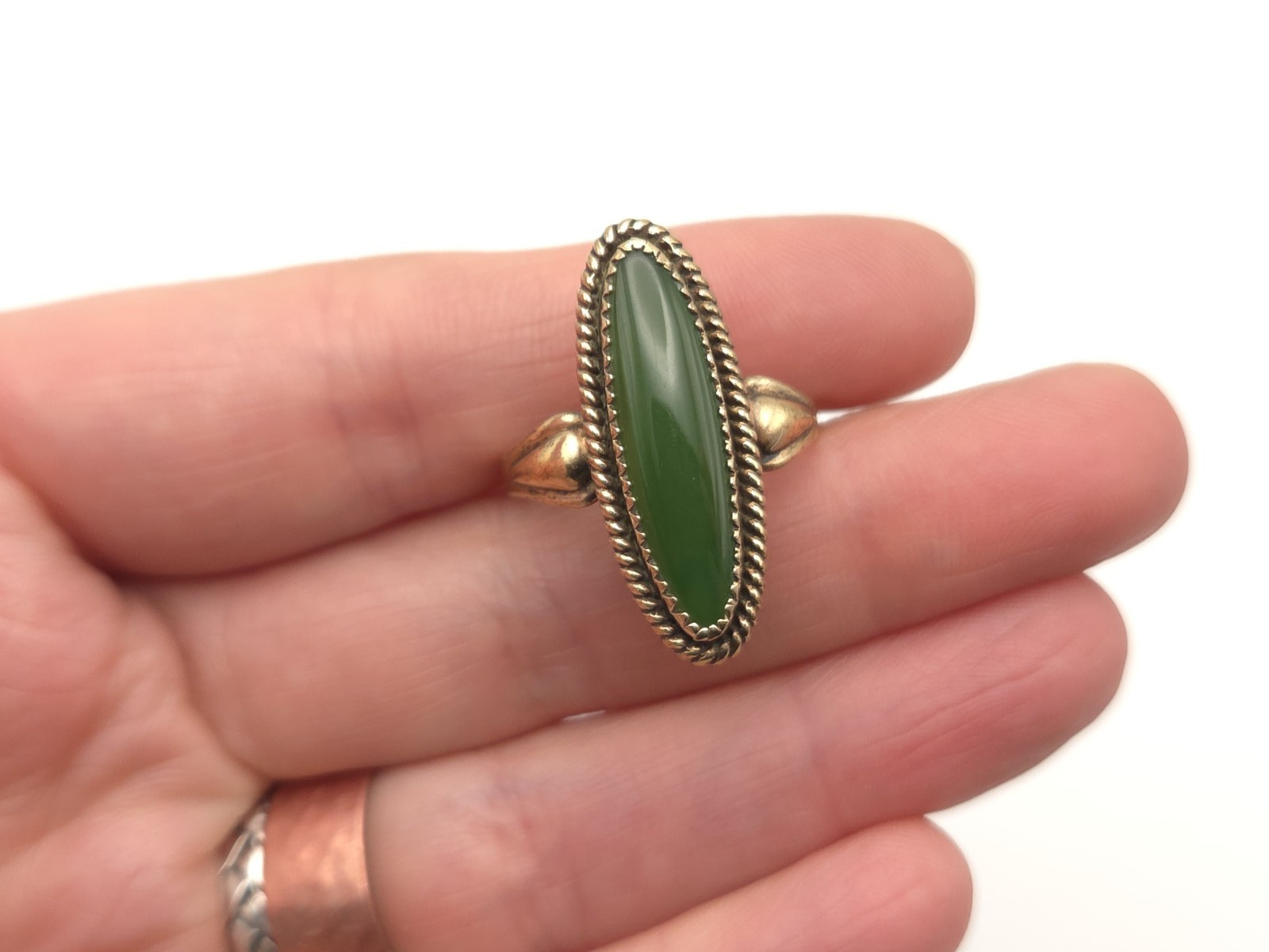 Vintage Sterling Gold Wash Signed JP Jane Popovich Navajo Elongated Jade Ring