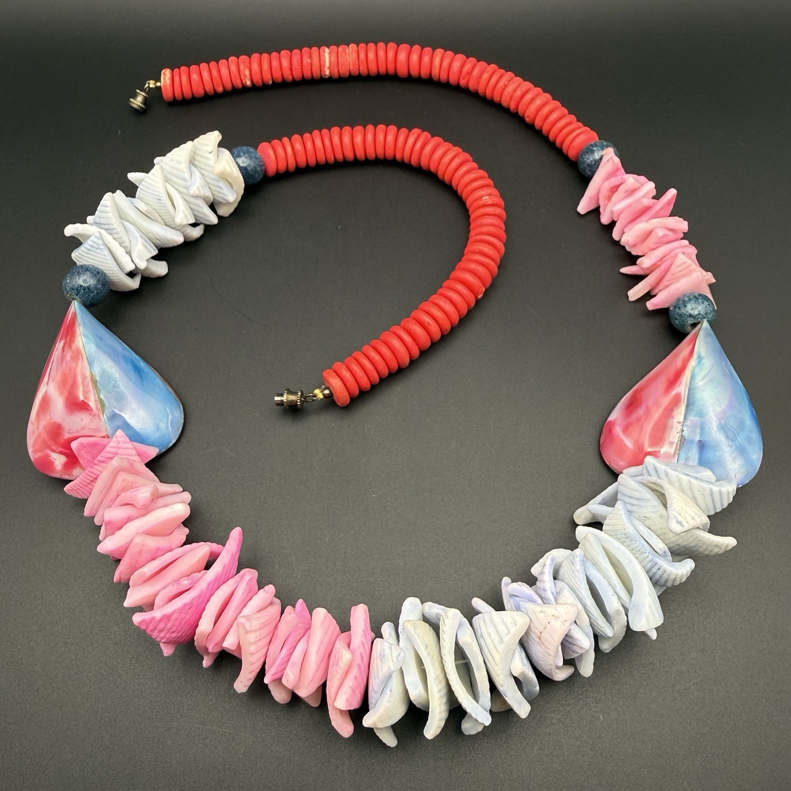 Vintage Shell Necklace Chunky Pink Blue Dyed Shell Beads Bold Beach Statement