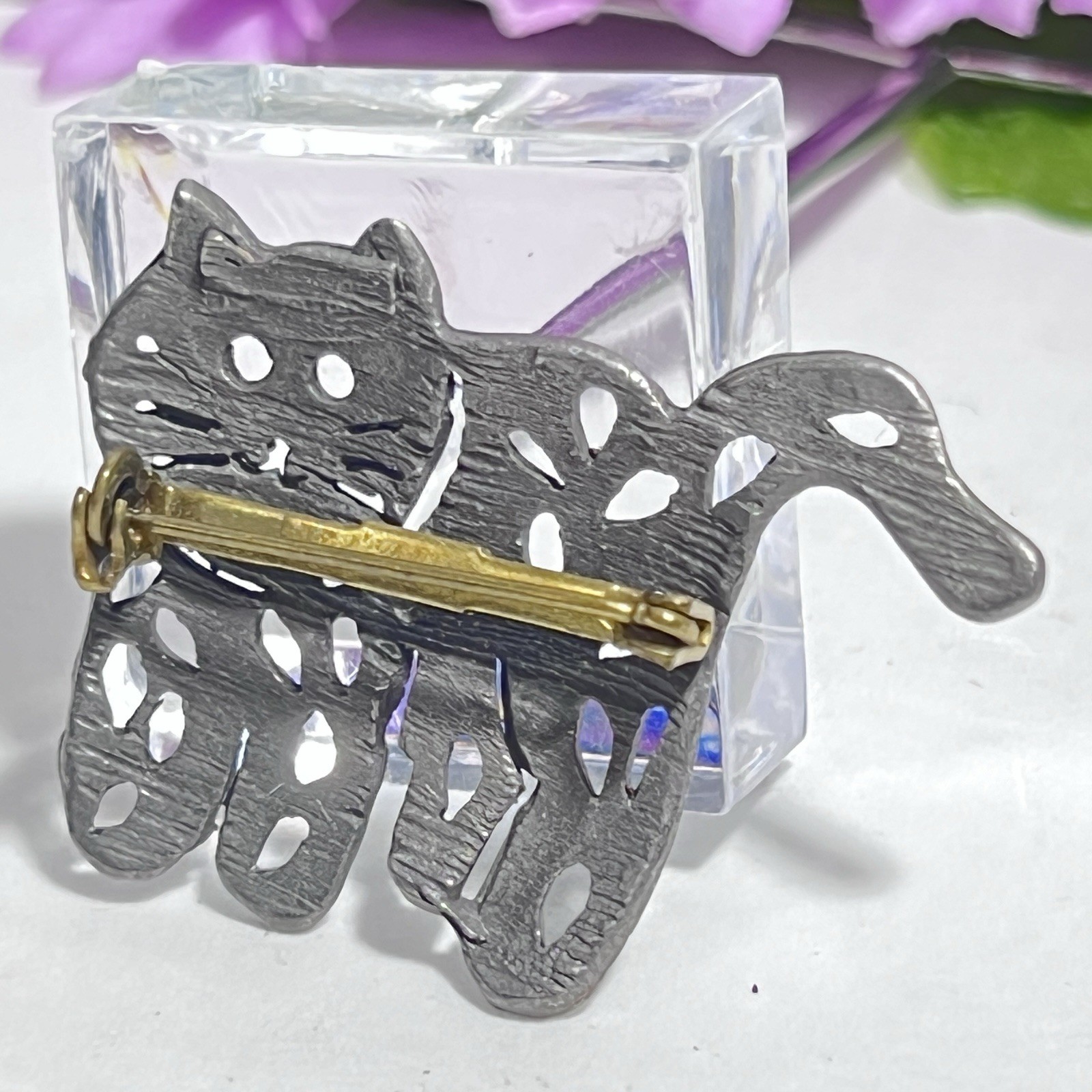 Vintage Pewter Cat Brooch Open Work Signature worn off Approximately 2″
