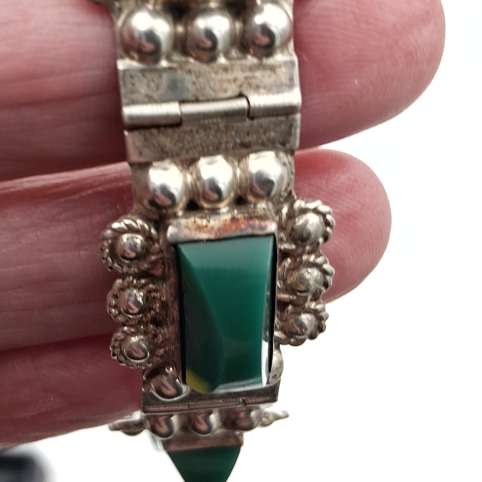Vintage Sterling Silver Mexico Green Onyx Stones Small Bracelet