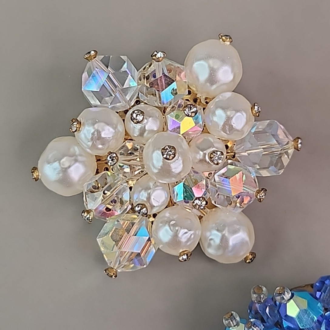 Vintage Cluster Brooch Lot of 5 AB Glass Blue Red Yellow Plastic