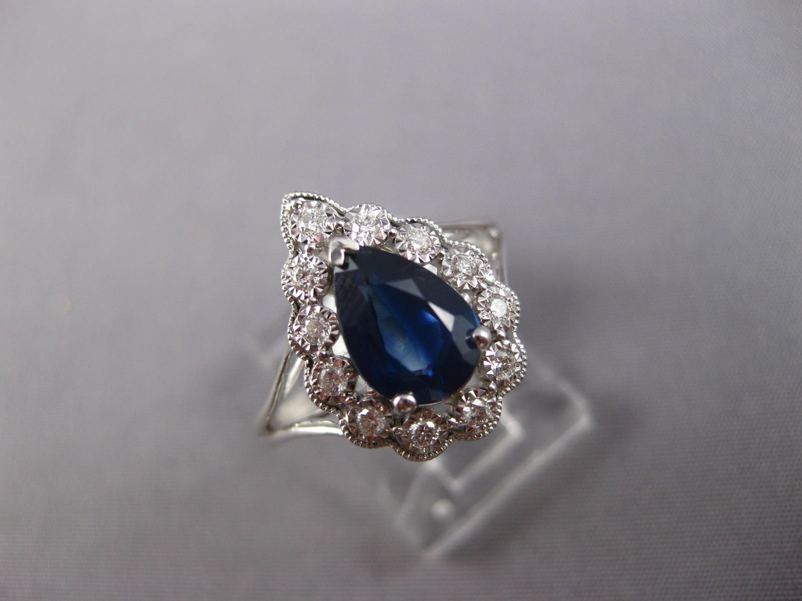 WIDE 1.52CT DIAMOND & AAA SAPPHIRE 14KT WHITE GOLD 3D PEAR SHAPE ENGAGEMENT RING