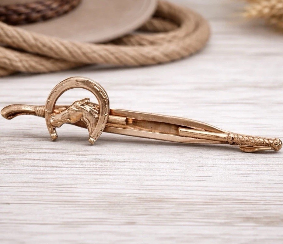 Vintage Western Horse Head Tie Clip Horseshoe Cowboy Ranch Rodeo Copper Tone