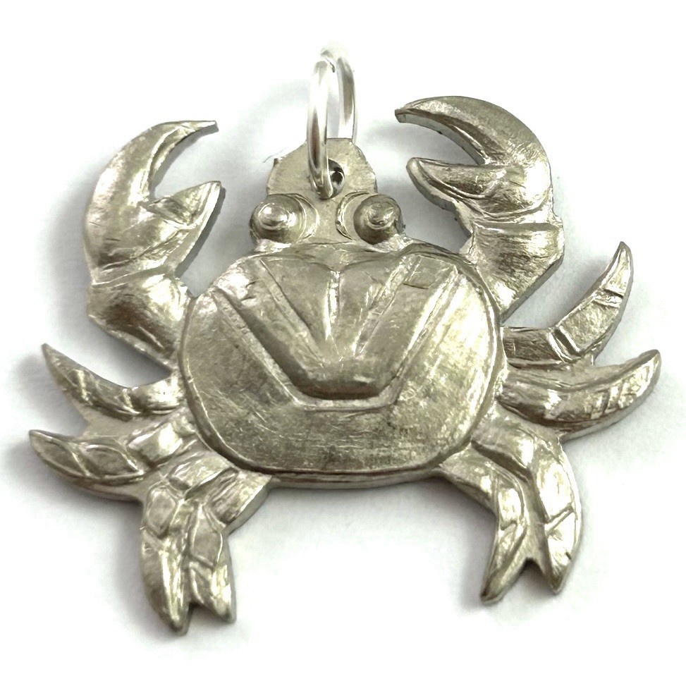 Vintage Crab Charm Pendant Etched Silver Plated Brass Vintage Jewelry Nautical