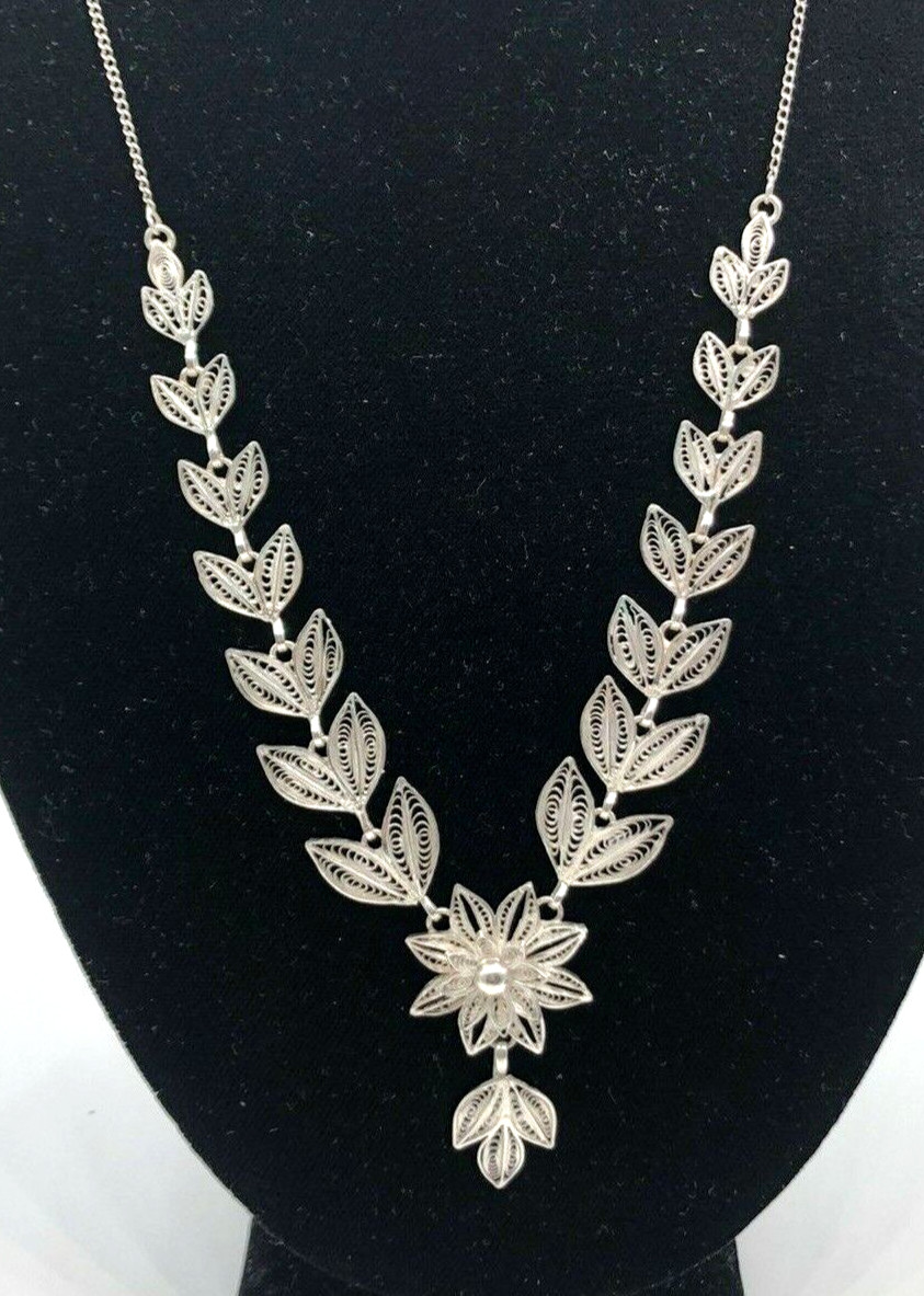 Filigree Necklace Cascading Leaves & Flower Sterling Silver 20+” Antique 1900s