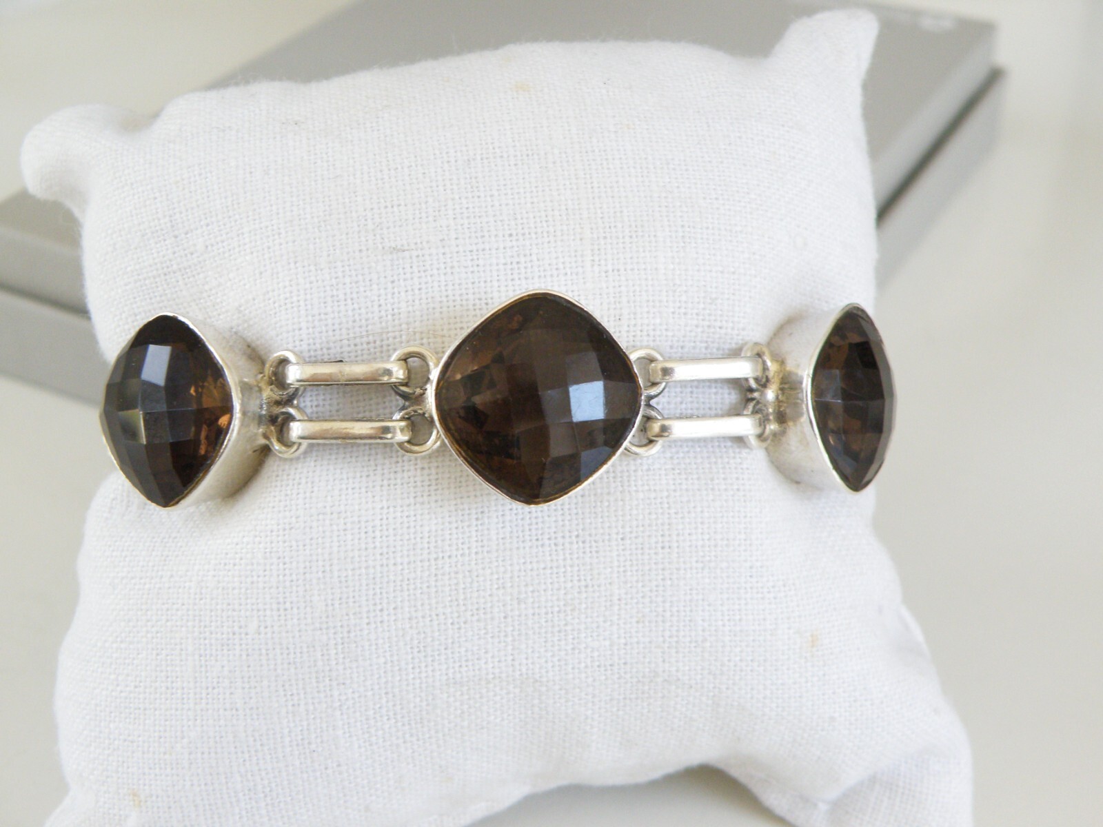 Vintage Sterling Silver 925 Artisan Signed Smoky Topaz Station Link Bracelet 8″