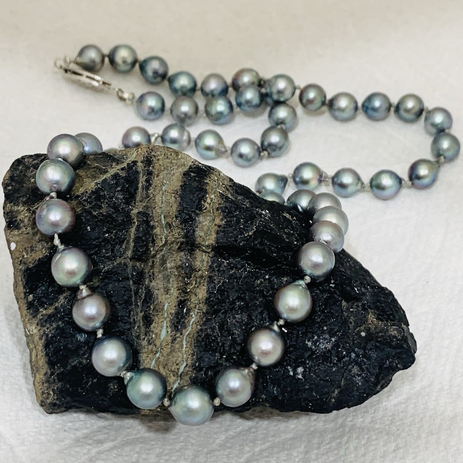 VTG BLUE AKOYA PEARL Necklace SET 10k WG 7mm Baroque Saltwater Pin 3″ SILVER 19″