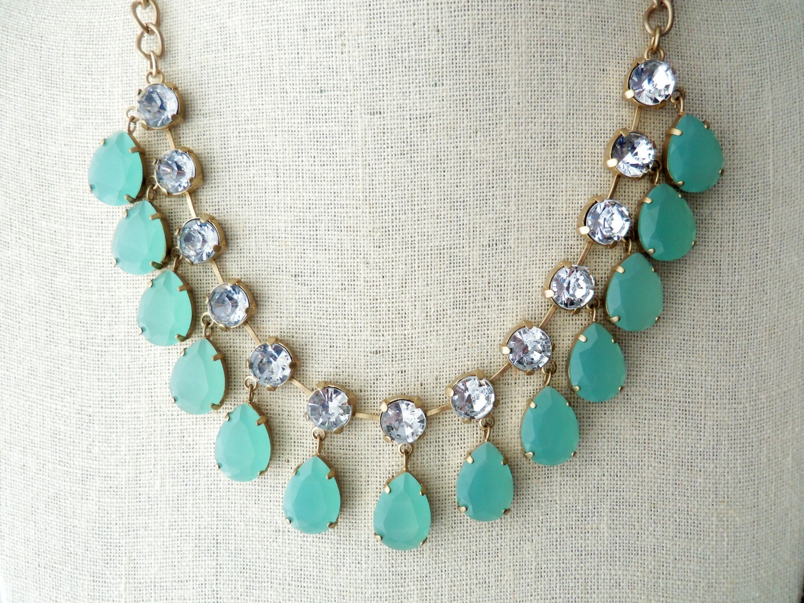 Danielle Stevens Mint Green Lucite Crystal Stones Fringe Bib Statement Necklace