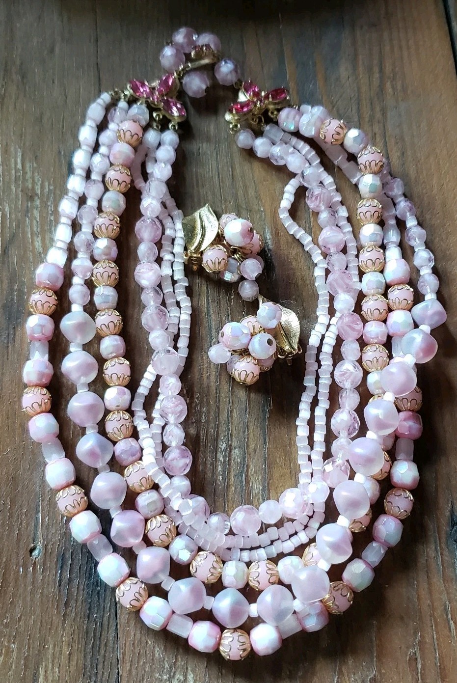 La Roco Pink Bead Rhinestone Necklace Earrings Jewelry Set Mid Century Modern