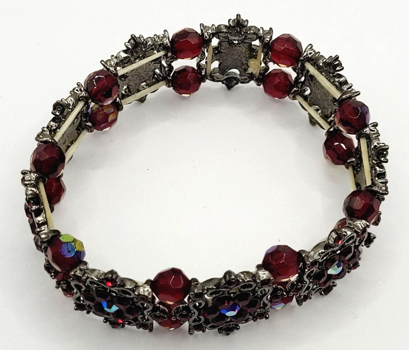 Red AB Crystal Sparkle Flower Floral Metal Ornate Fancy Event Stretch Bracelet