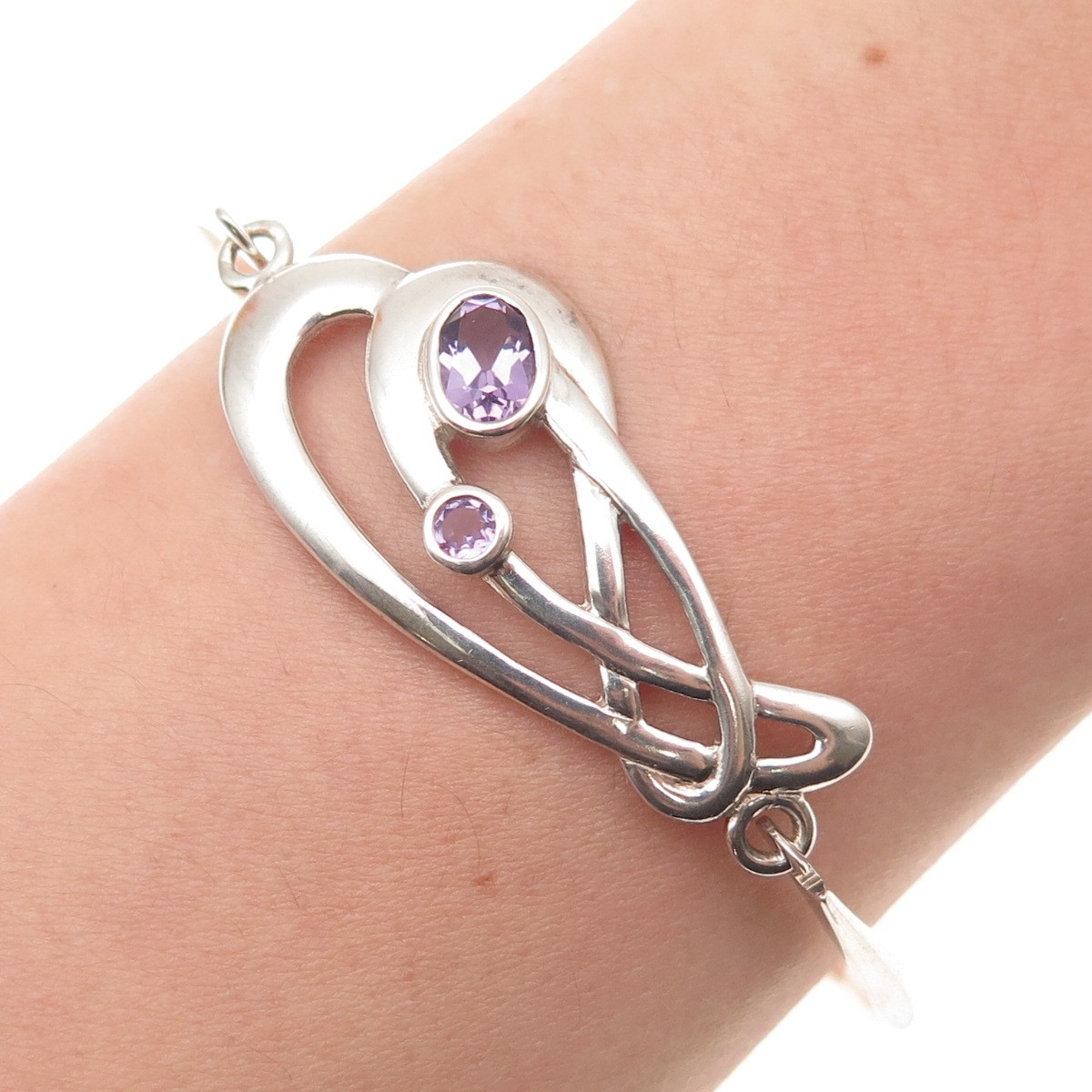 KIT HEATH Sterling Vintage 1990 Real Amethyst Modernist Bangle Bracelet 6.75″