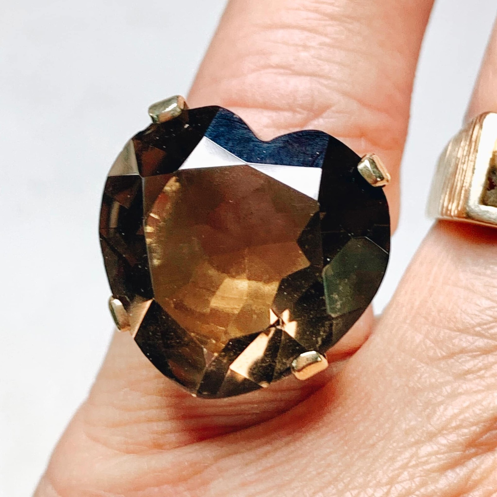 Vintage 14K Gold Heart Ring, Faceted Smokey Quartz, 7+ Grams, Size 5 1/4