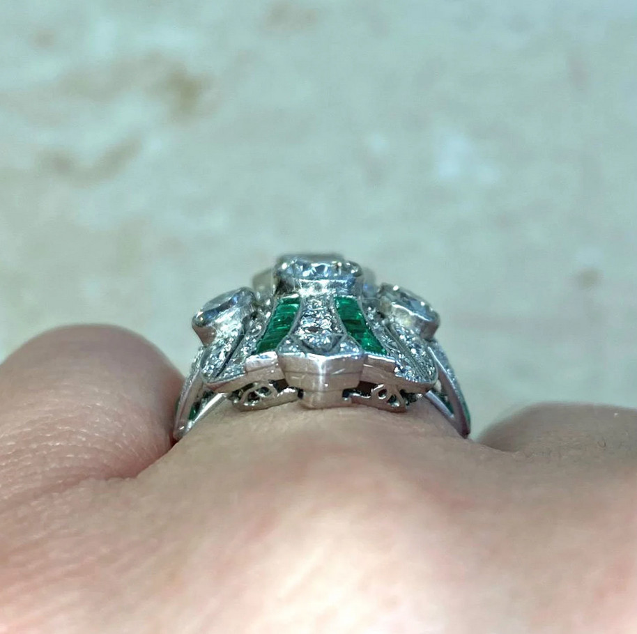 Art Deco Style Old European Cut Lab-Created Diamond And Emerald Ring 925 Silver
