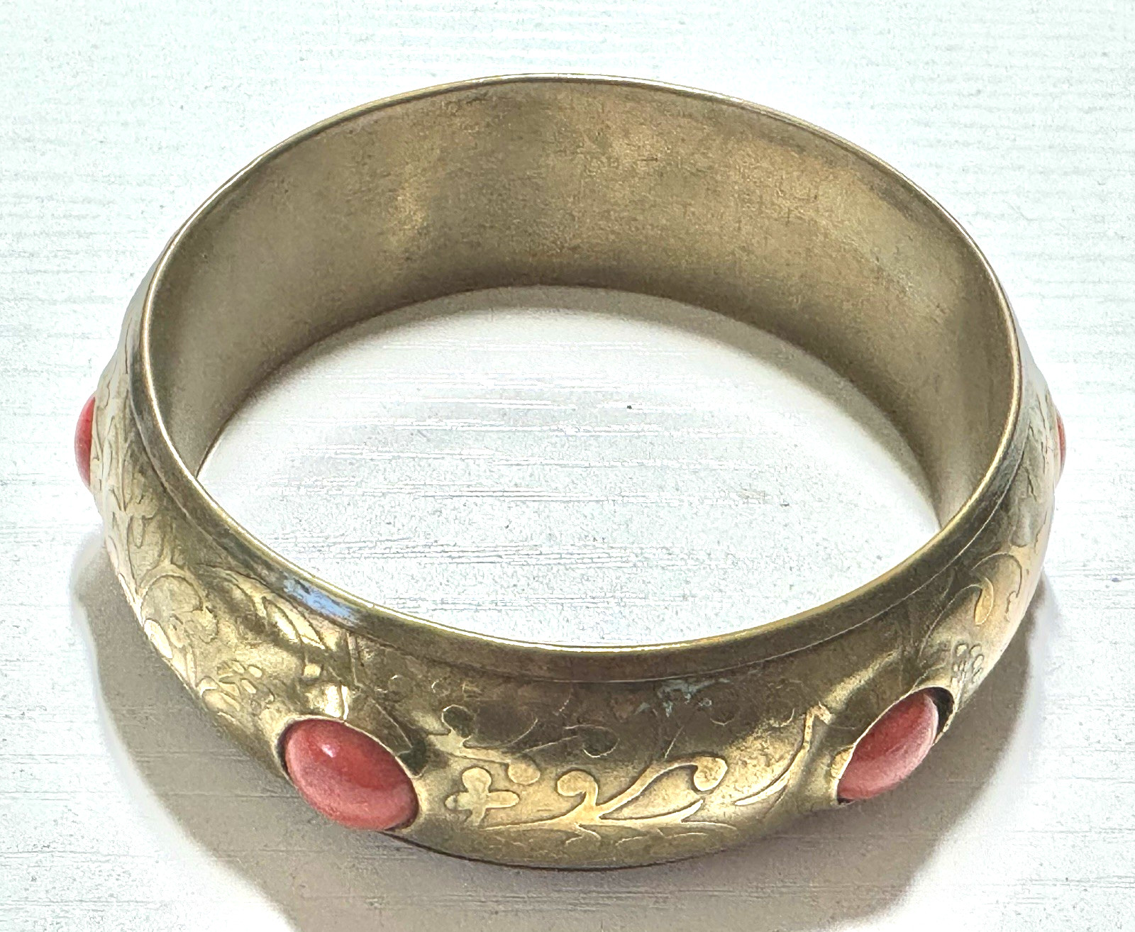 Vintage, Engraved Floral Patterns, Inlaid Red Cabochon Stones, Boho Brass Bangl