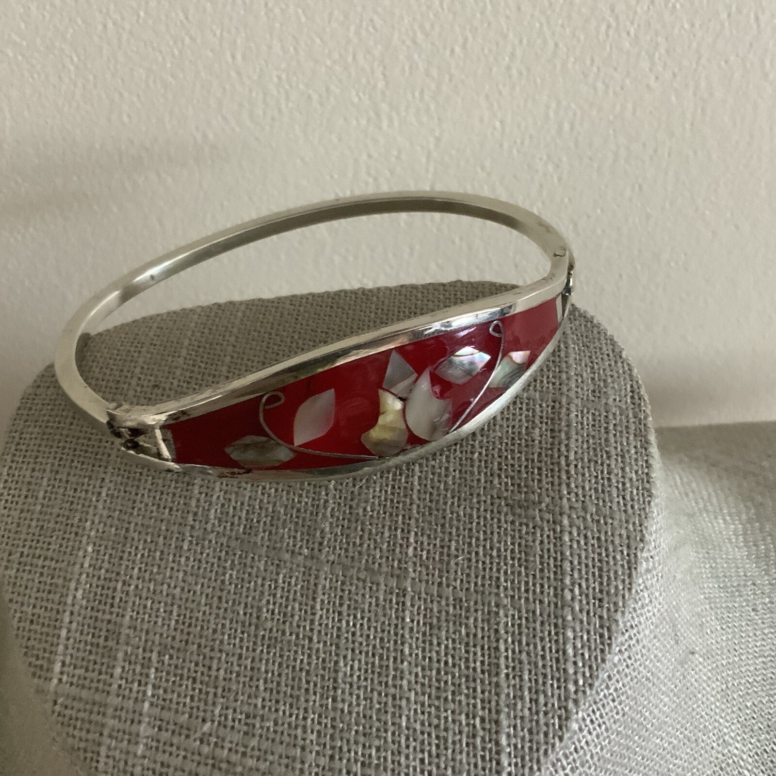 Taxco Medico silver red enamel abalone tension bangle bracelet