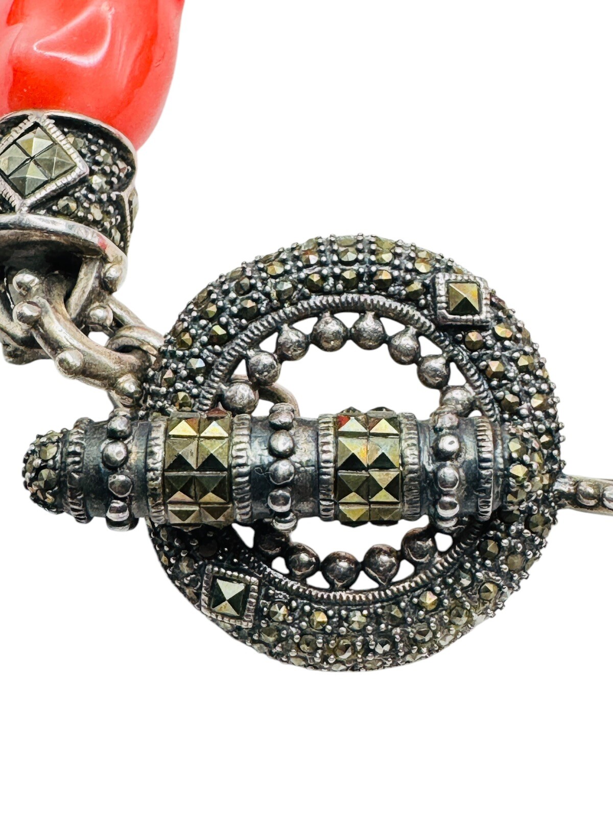 Sterling Silver Red Stone Marcasite Necklace Large Toggle Clasp 18″