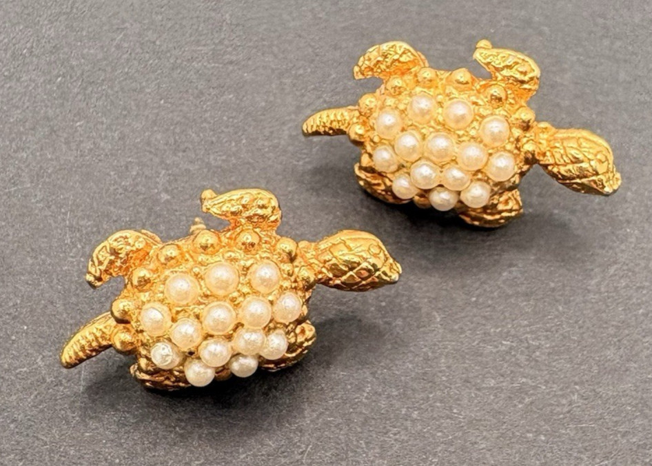 Vintage Lot of 2 Turtle Faux Pearl Brooch Pins Gold Tone Dainty Tiny