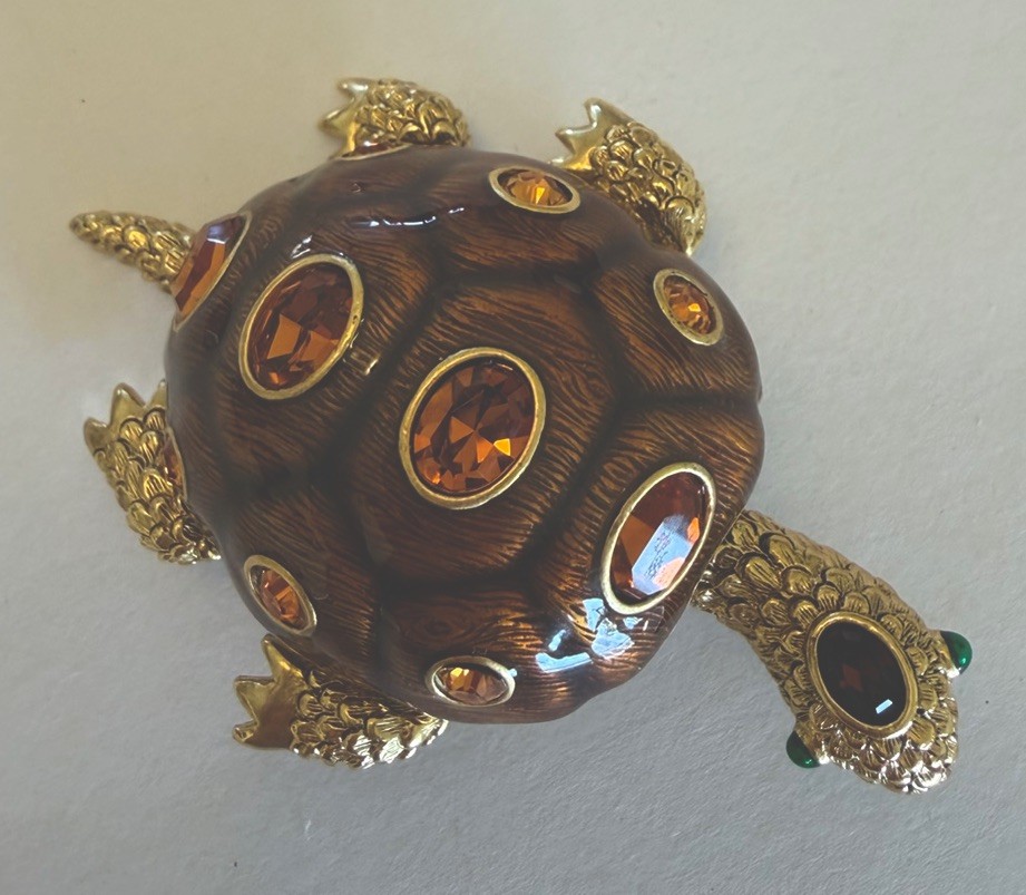 Vintage Joan Rivers Collection Topaz Crystal Enamel Turtle Brooch 3D NOS
