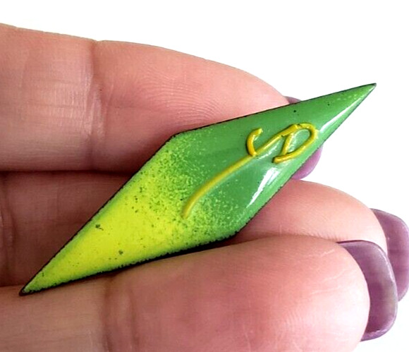 Vintage Lime Green Enamel on Copper Diamond Shaped Pin 1-7/8″