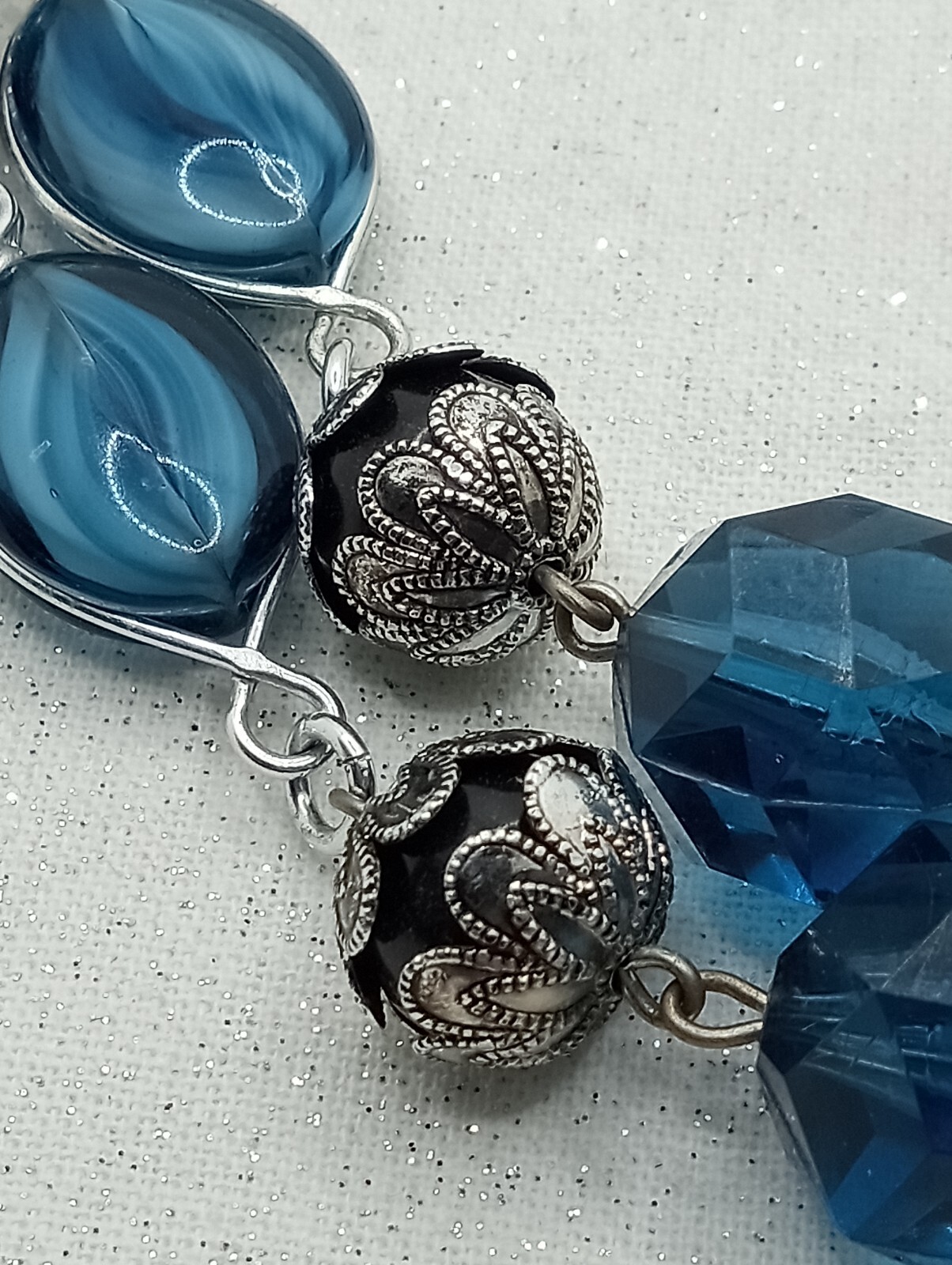 VTG West Germany Blue Necklace Double Strand Swirl Glass Silver Tone 17 -18″