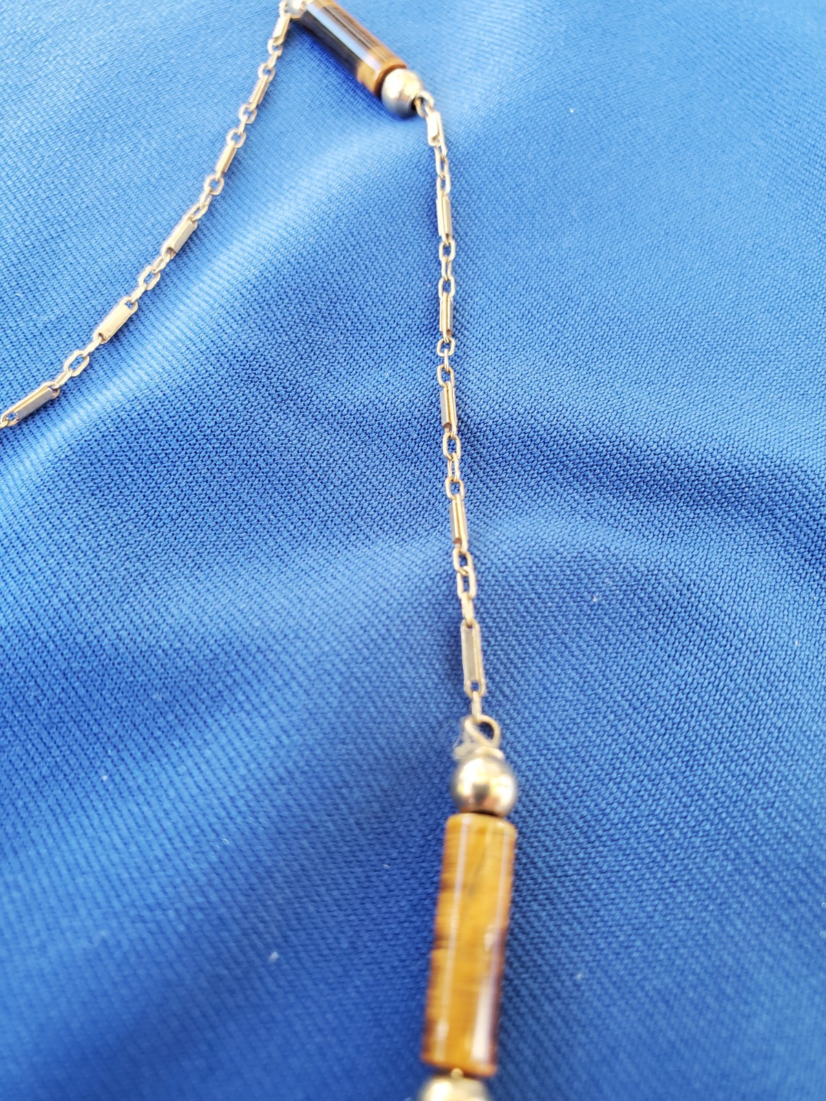 Vintage 14K GOLD Art Deco Tiger eye Statement Necklace Unique Antique Chain 28″
