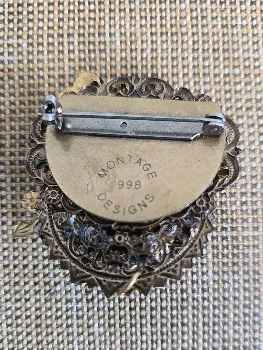 Vintage Montage Designs Handcrafted Brooch Pin Purple Flowers Seeds Garden USA.