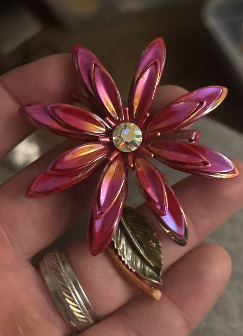 VTG 60s Large Red Iridescent Enamel Flower Ab Rhinestone Leaves Brooch