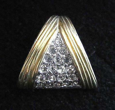 Vintage Two Tone Yellow & White Gold Plated Clear Rhinestone Triangle Pendant