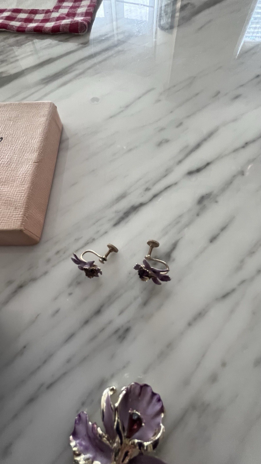 Vintage Purple Enamel Orchid Brooch & Screw Back Earrings Set w/ Box