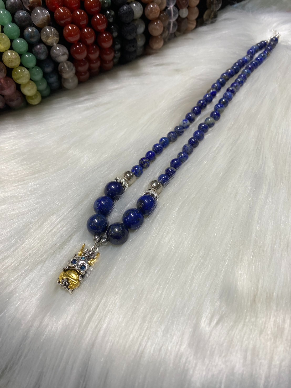 Natural Lapis Lazuli Beaded Necklace with Chinese Dragon Pendant Protection Amul