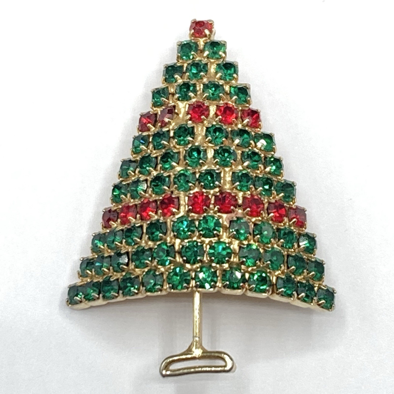 Vintage Red Green Rhinestone Gold Tone Christmas Tree Brooch Pin