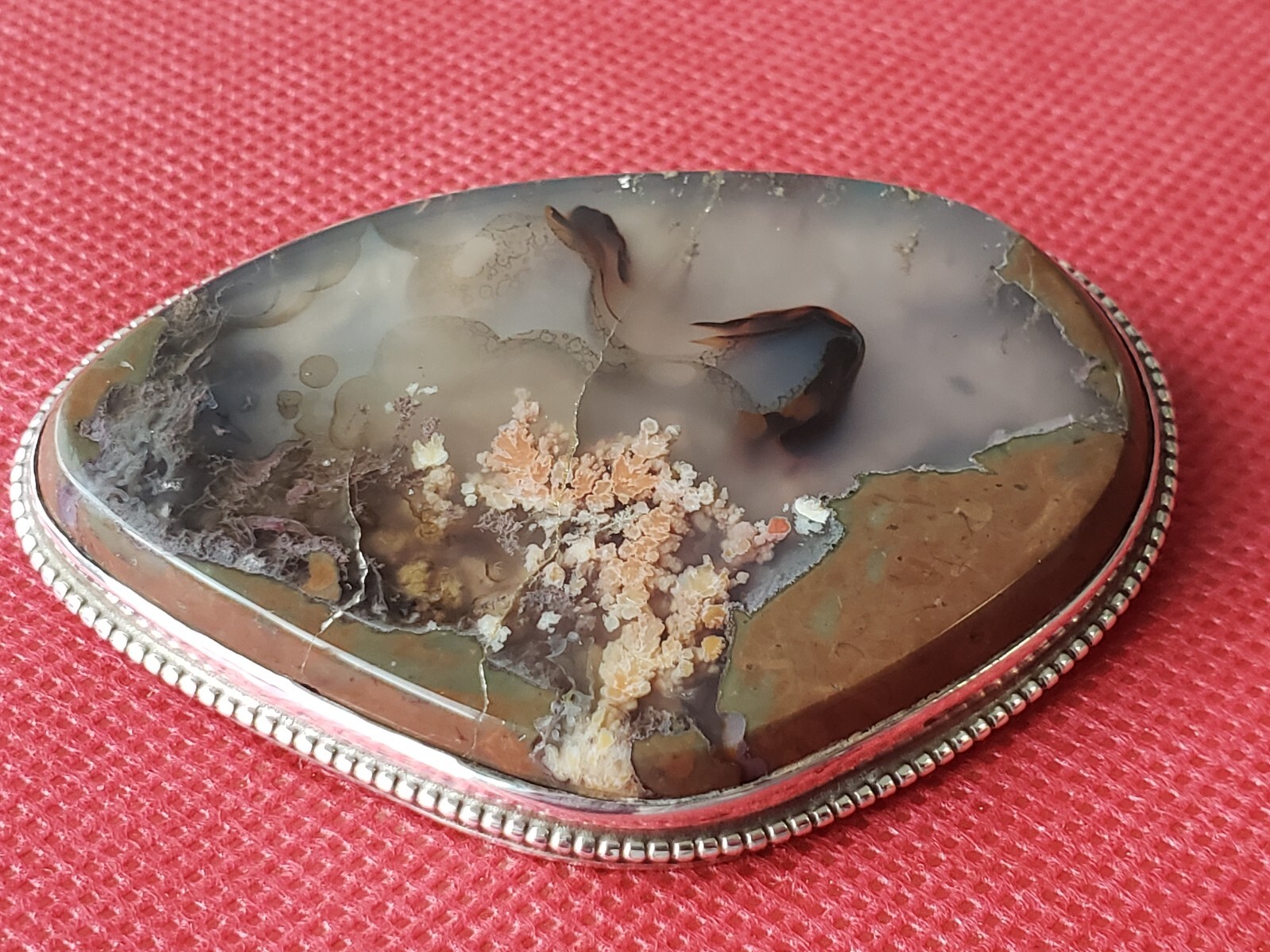 Large Vintage Sterling Silver Solid Moss Agate Brooch Pin or Pendant- 50.1 Grams