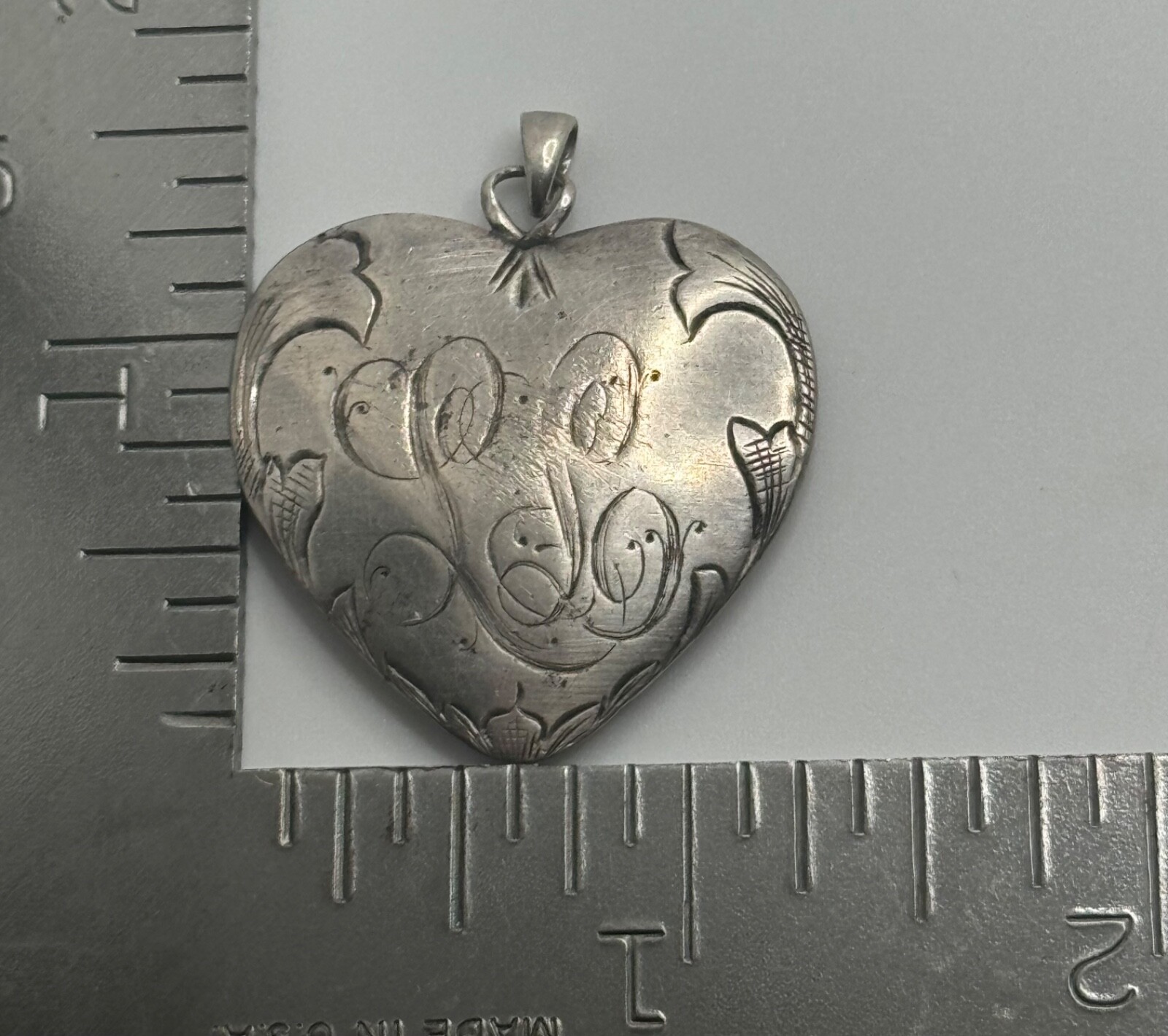Antique Victorian Sterling Silver Monogram Engraved Heart Pendant